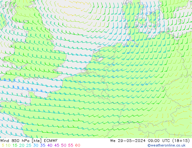 Vento 850 hPa ECMWF mer 29.05.2024 09 UTC