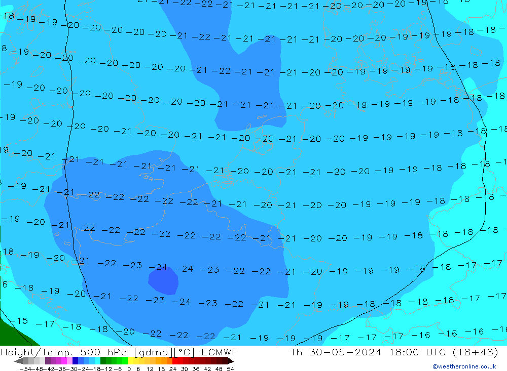 Height/Temp. 500 hPa ECMWF czw. 30.05.2024 18 UTC