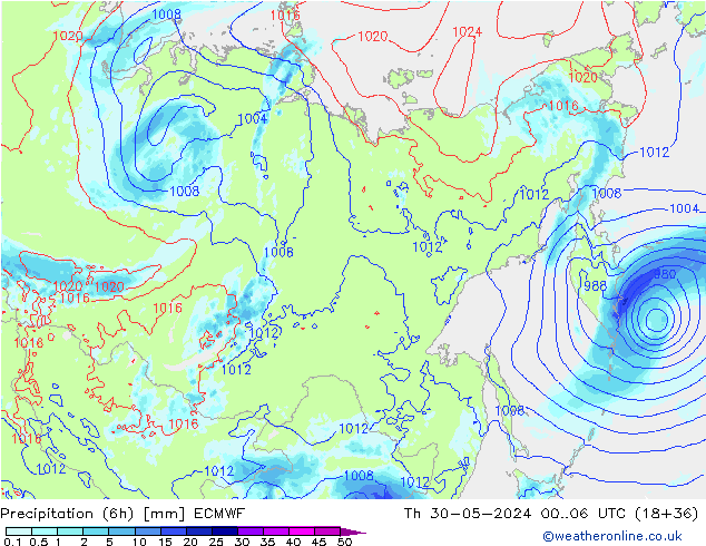 Z500/Rain (+SLP)/Z850 ECMWF Čt 30.05.2024 06 UTC