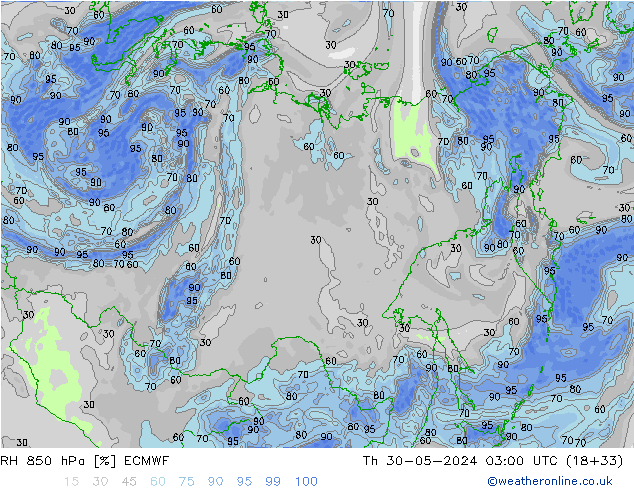 850 hPa Nispi Nem ECMWF Per 30.05.2024 03 UTC