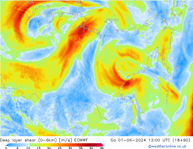 Deep layer shear (0-6km) ECMWF сб 01.06.2024 12 UTC