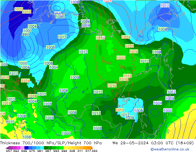 Thck 700-1000 hPa ECMWF śro. 29.05.2024 03 UTC