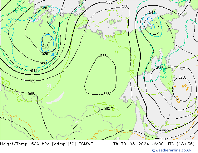 Z500/Rain (+SLP)/Z850 ECMWF Čt 30.05.2024 06 UTC