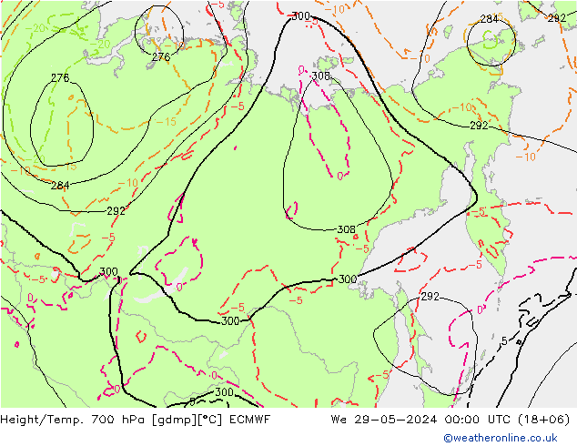 Height/Temp. 700 hPa ECMWF śro. 29.05.2024 00 UTC