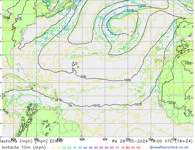 Isotachs (mph) ECMWF mer 29.05.2024 18 UTC