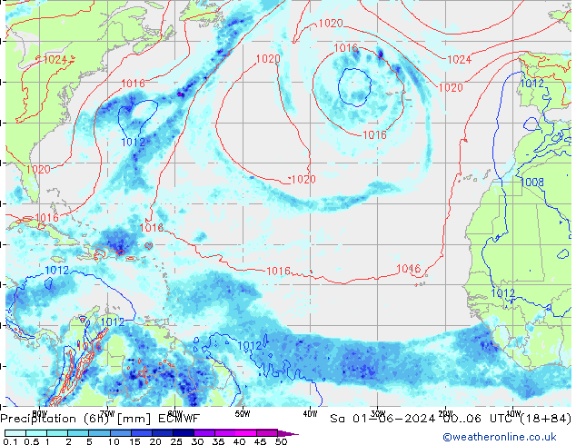 Precipitation (6h) ECMWF Sa 01.06.2024 06 UTC