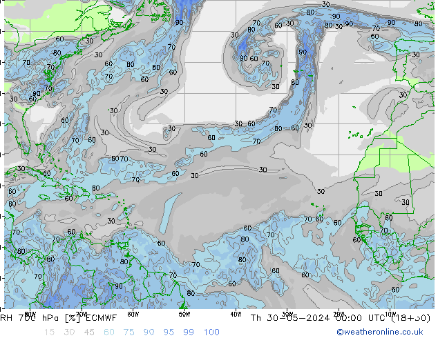 RH 700 hPa ECMWF Th 30.05.2024 00 UTC