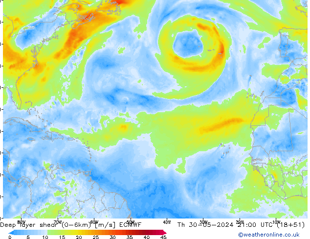 Deep layer shear (0-6km) ECMWF jeu 30.05.2024 21 UTC