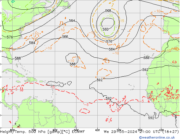 Hoogte/Temp. 500 hPa ECMWF wo 29.05.2024 21 UTC