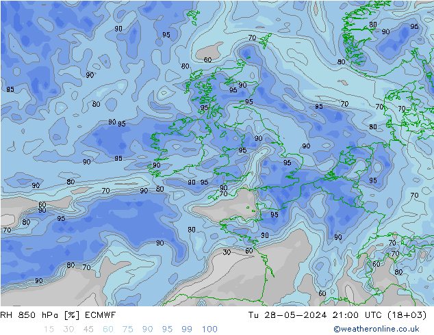 RH 850 hPa ECMWF mar 28.05.2024 21 UTC