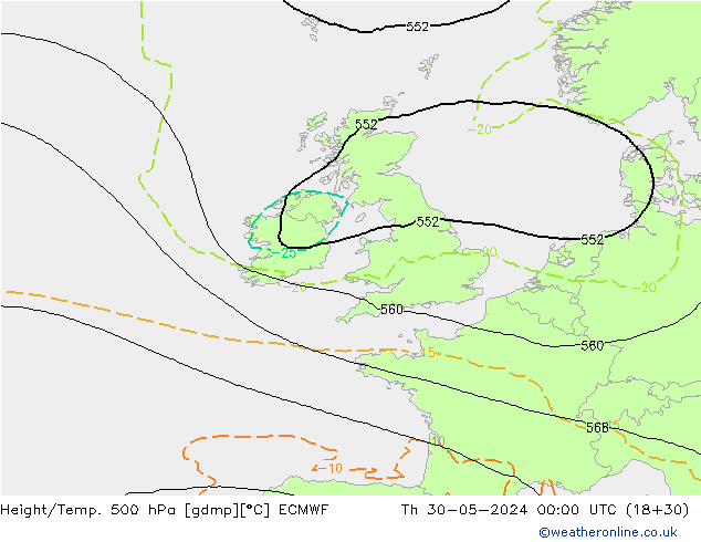 Height/Temp. 500 гПа ECMWF чт 30.05.2024 00 UTC