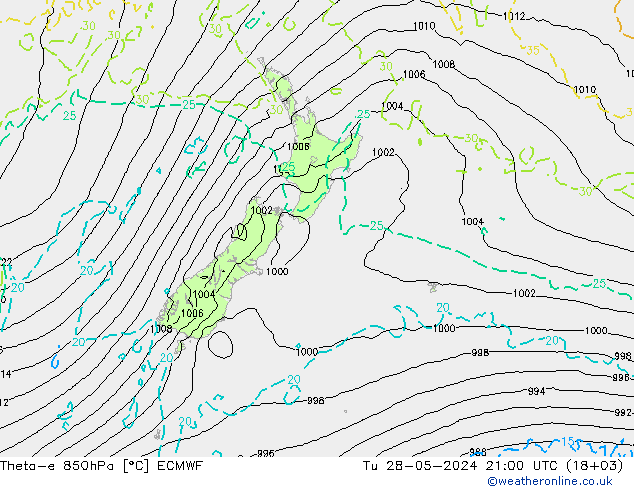 Theta-e 850hPa ECMWF Tu 28.05.2024 21 UTC