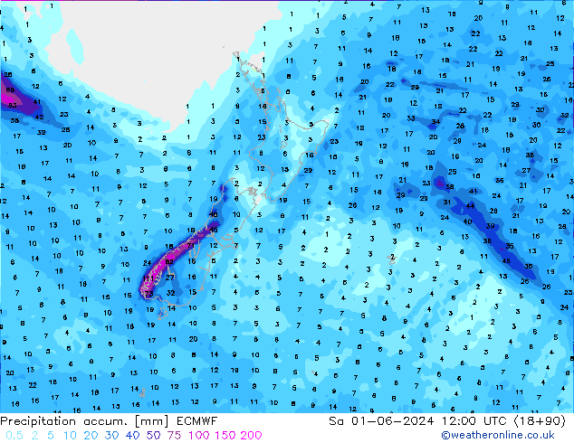 Precipitation accum. ECMWF Sa 01.06.2024 12 UTC