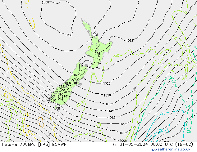 Theta-e 700hPa ECMWF Fr 31.05.2024 06 UTC