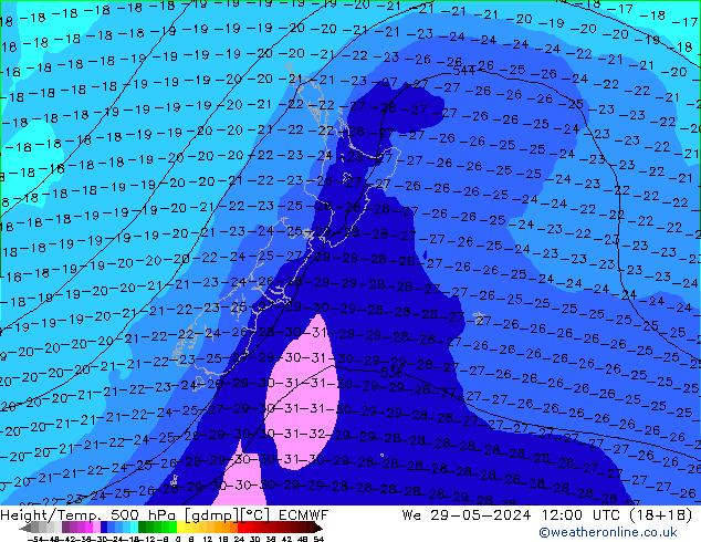 Z500/Rain (+SLP)/Z850 ECMWF śro. 29.05.2024 12 UTC