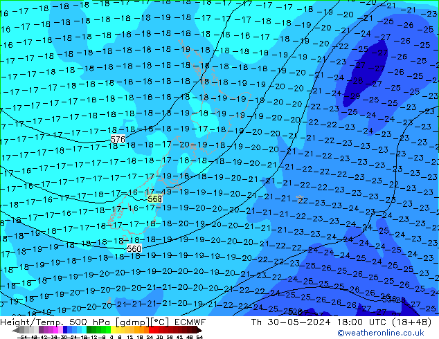 Hoogte/Temp. 500 hPa ECMWF do 30.05.2024 18 UTC