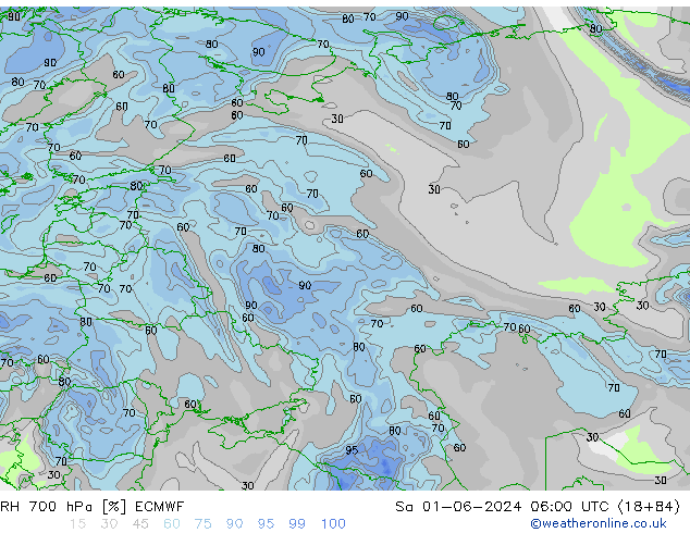 Humidité rel. 700 hPa ECMWF sam 01.06.2024 06 UTC