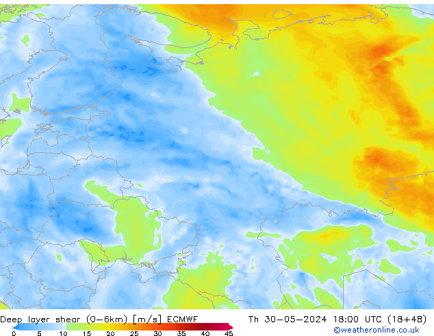 Deep layer shear (0-6km) ECMWF  30.05.2024 18 UTC