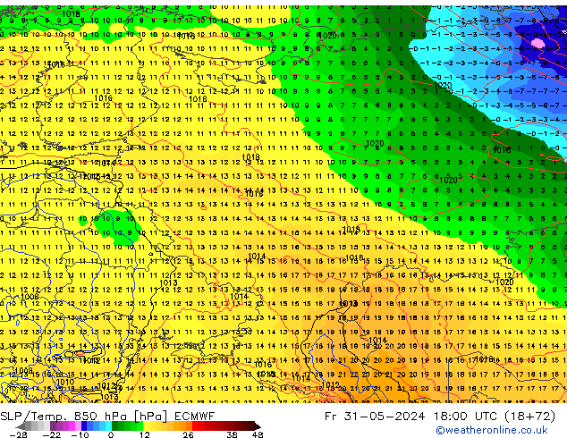 SLP/Temp. 850 hPa ECMWF Pá 31.05.2024 18 UTC