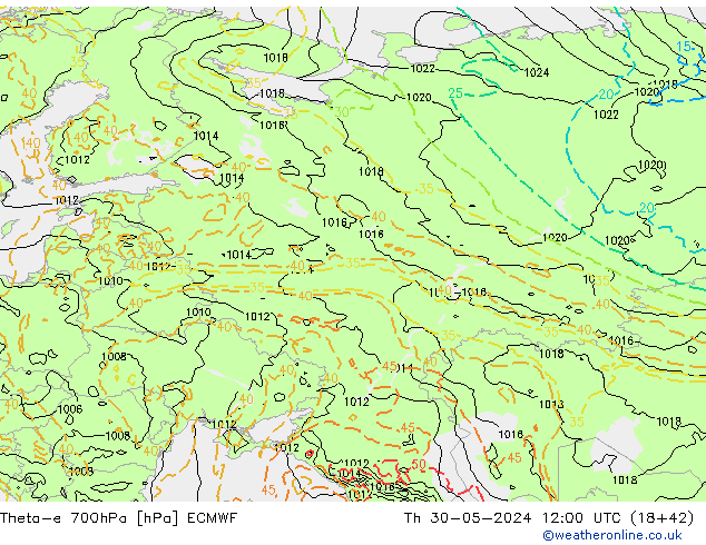 Theta-e 700hPa ECMWF jue 30.05.2024 12 UTC