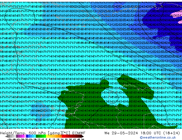 Z500/Rain (+SLP)/Z850 ECMWF mer 29.05.2024 18 UTC