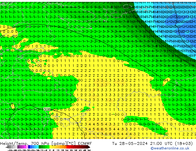 Height/Temp. 700 hPa ECMWF wto. 28.05.2024 21 UTC