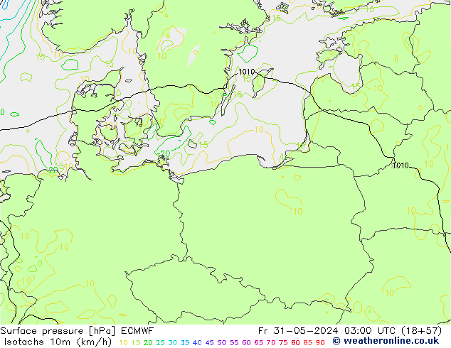 Isotachs (kph) ECMWF Fr 31.05.2024 03 UTC