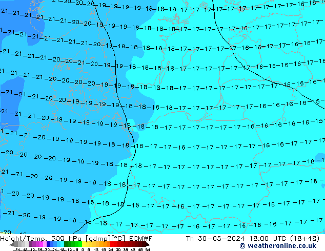 Height/Temp. 500 hPa ECMWF Th 30.05.2024 18 UTC