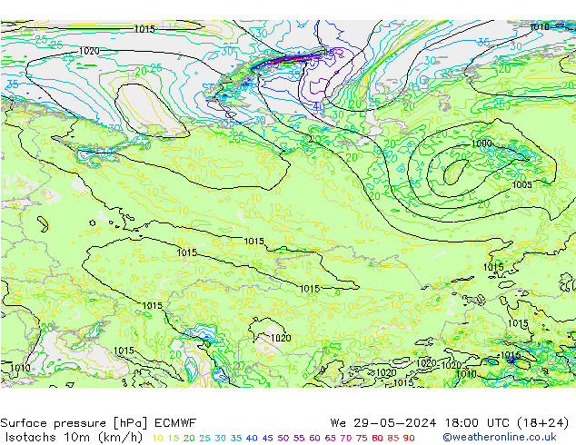 Izotacha (km/godz) ECMWF śro. 29.05.2024 18 UTC