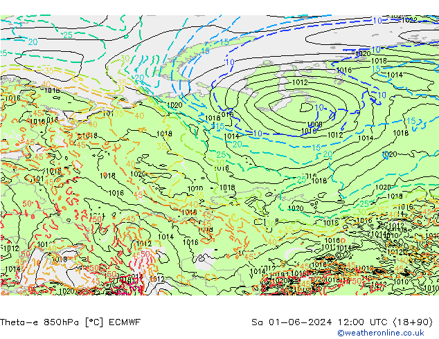 Theta-e 850hPa ECMWF Sa 01.06.2024 12 UTC