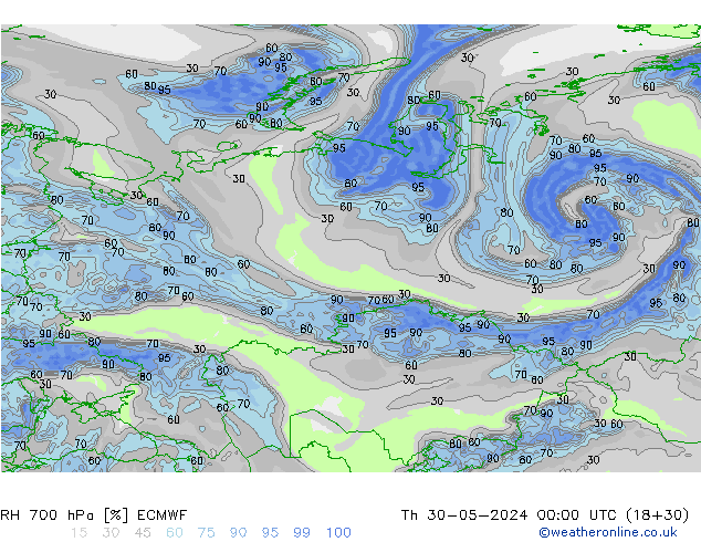 Humidité rel. 700 hPa ECMWF jeu 30.05.2024 00 UTC