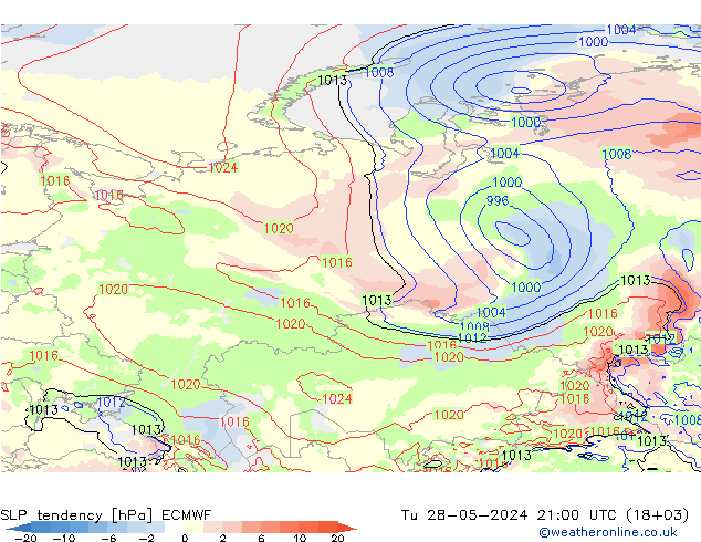 SLP tendency ECMWF Út 28.05.2024 21 UTC