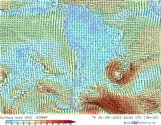 Vento 10 m (bft) ECMWF Qui 30.05.2024 00 UTC