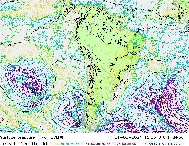 Isotachs (kph) ECMWF ven 31.05.2024 12 UTC