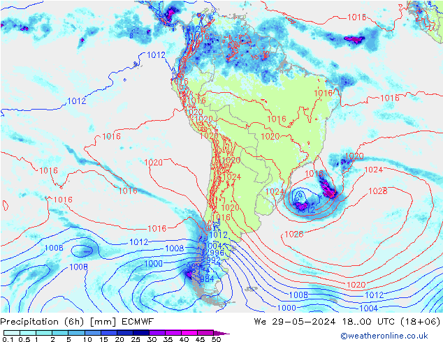 Precipitation (6h) ECMWF We 29.05.2024 00 UTC