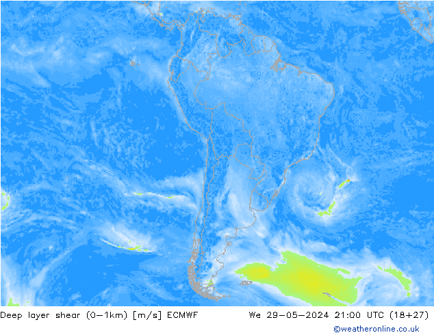 Deep layer shear (0-1km) ECMWF Qua 29.05.2024 21 UTC