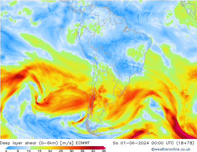 Deep layer shear (0-6km) ECMWF Sa 01.06.2024 00 UTC