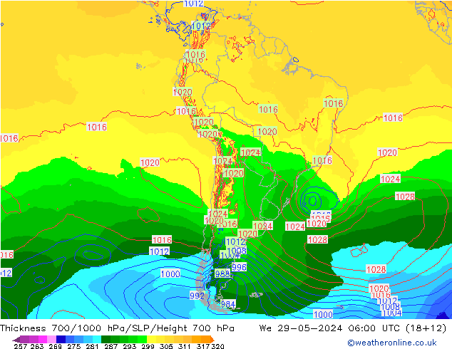 Thck 700-1000 hPa ECMWF Qua 29.05.2024 06 UTC