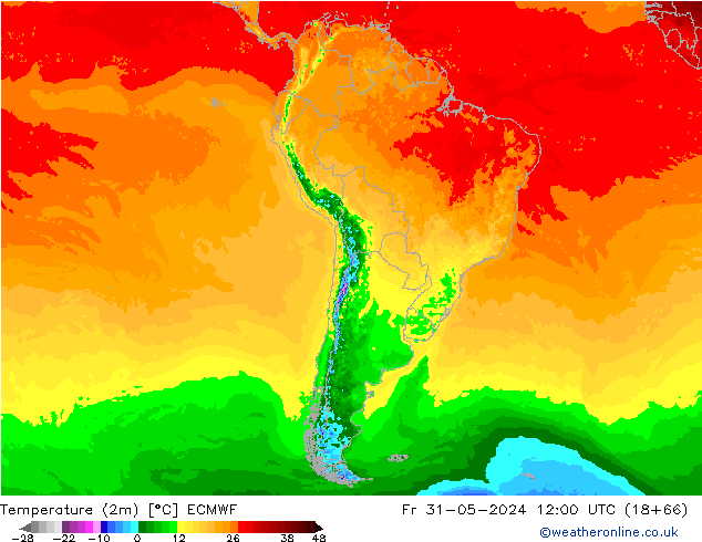 mapa temperatury (2m) ECMWF pt. 31.05.2024 12 UTC