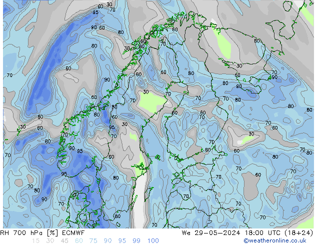 RH 700 hPa ECMWF 星期三 29.05.2024 18 UTC