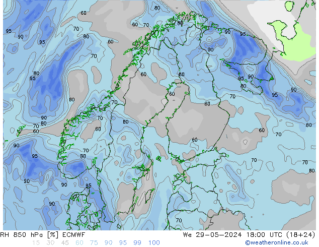 RH 850 hPa ECMWF We 29.05.2024 18 UTC