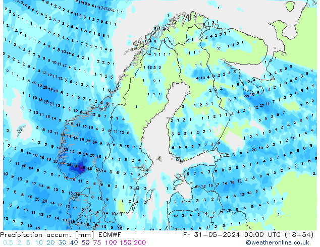 Precipitation accum. ECMWF Fr 31.05.2024 00 UTC