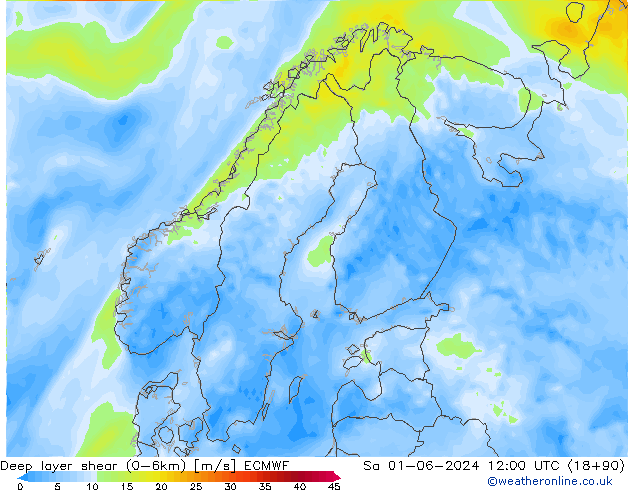 Deep layer shear (0-6km) ECMWF so. 01.06.2024 12 UTC