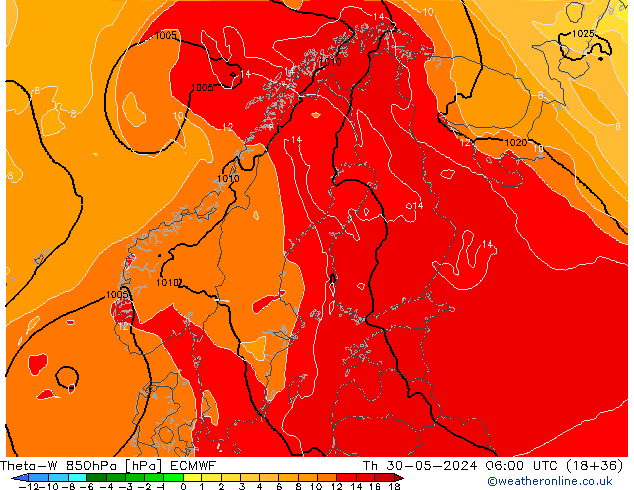 Theta-W 850hPa ECMWF  30.05.2024 06 UTC