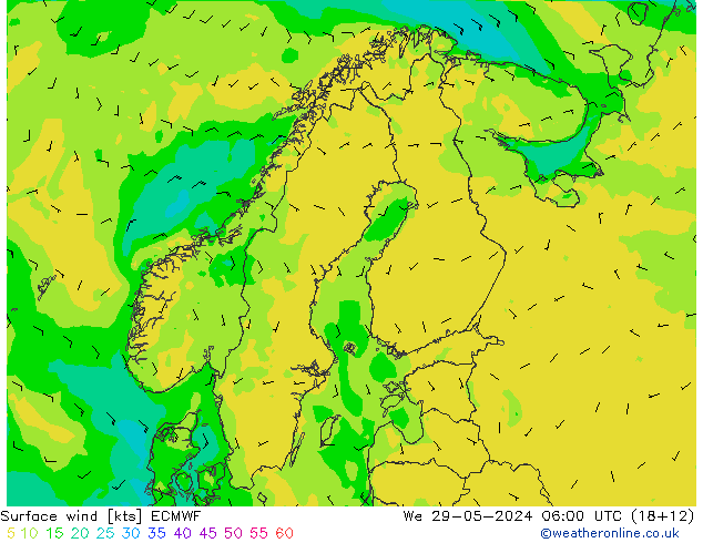 wiatr 10 m ECMWF śro. 29.05.2024 06 UTC