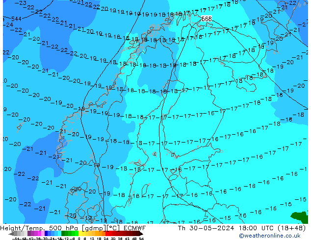 Height/Temp. 500 hPa ECMWF Čt 30.05.2024 18 UTC