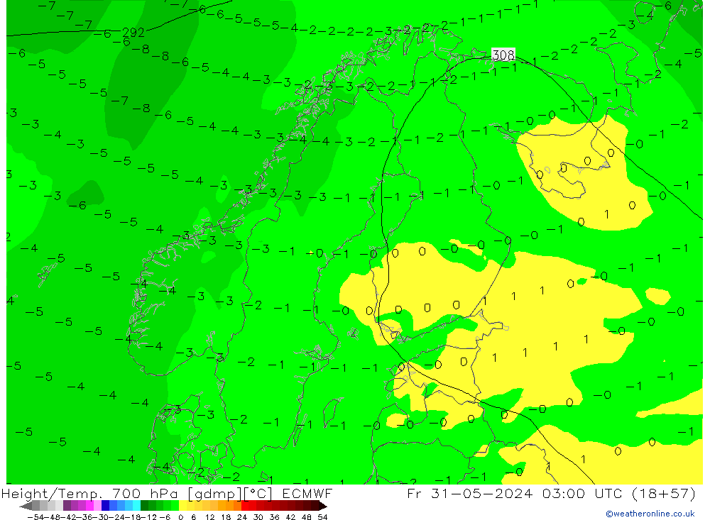 Height/Temp. 700 hPa ECMWF Sex 31.05.2024 03 UTC