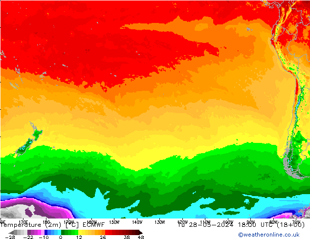 mapa temperatury (2m) ECMWF wto. 28.05.2024 18 UTC