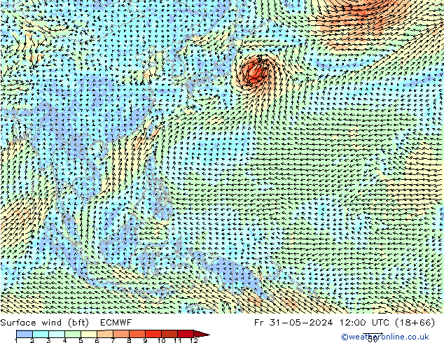 Vento 10 m (bft) ECMWF Sex 31.05.2024 12 UTC