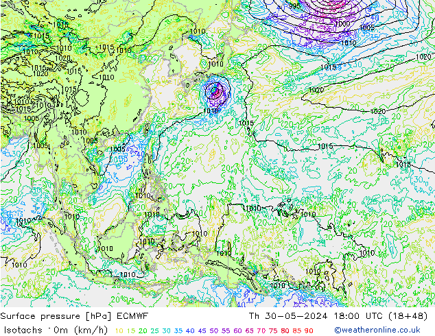 Isotachs (kph) ECMWF Čt 30.05.2024 18 UTC